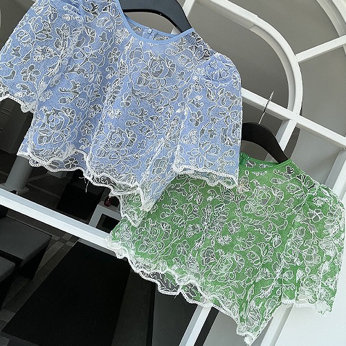 See-through flower crop blouse (green/ sky blue)