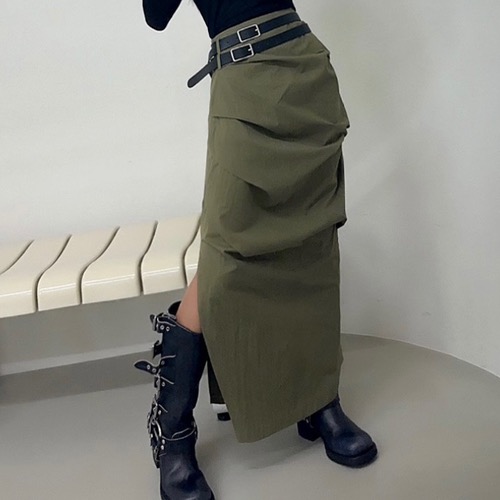 Pintuck belt skirt (black/ khaki)