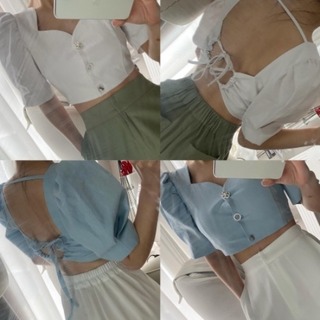 Back hole puff blouse (white ivory/ sky blue/ 피팅세일 62000
