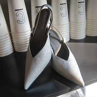 Silver glitter v slingback heel