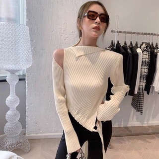 [수입]Unbalance knit top (Ivory/Black)