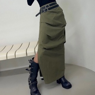 Pintuck belt skirt (black/ khaki) 새상품세일