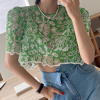 See-through flower crop blouse (green/ sky blue) 그린새상품세일 59000